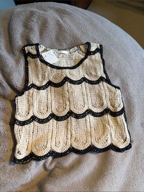 OAK + FORT Cream Crochet Top with Black Trim